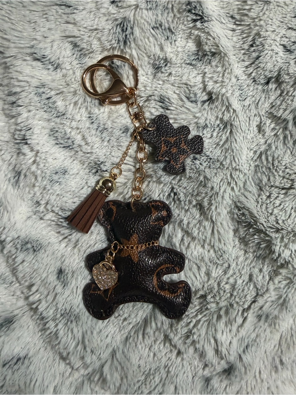 Brown Teddy Bear Keychain Charm with Tassel and Heart Pendant
